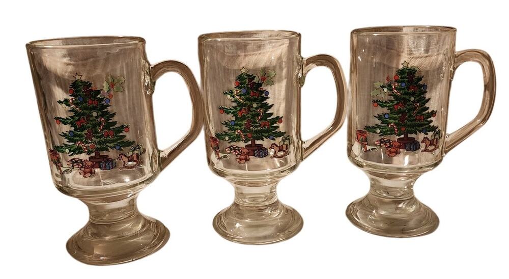 Vintage Noel Luminarc Christmas Tree Set of 3 Footed Clear Glass Mugs